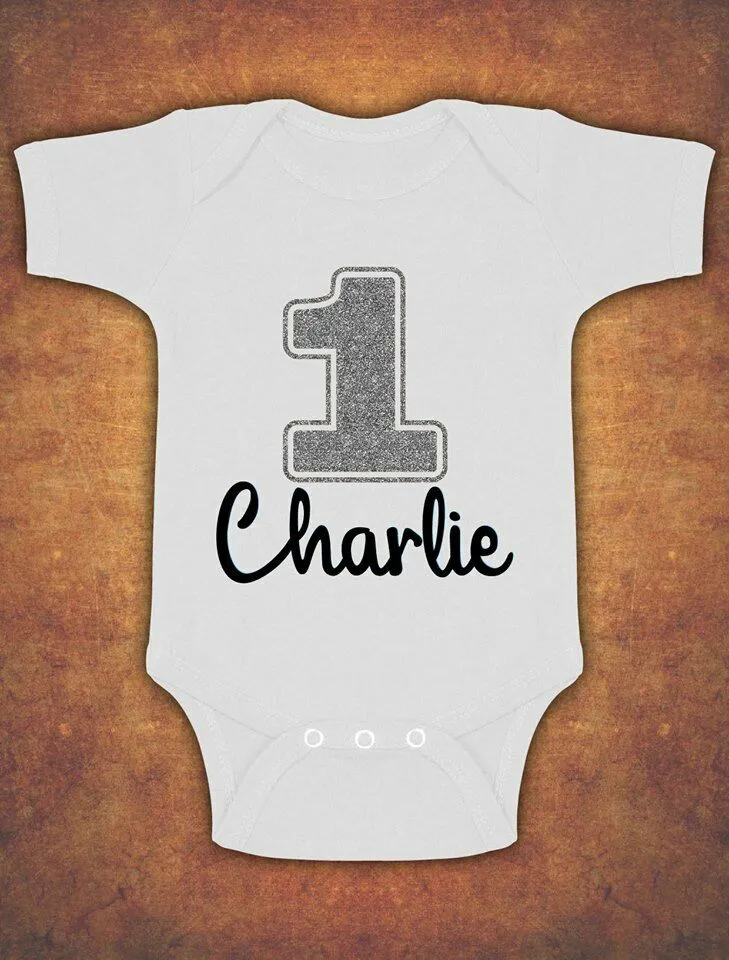 Personalised My First 1st Birthday Baby Kids Body Suit Vest Glitter Silver Boy