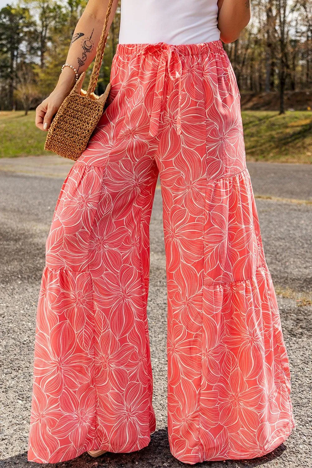 Pink Bohemian Floral Print Wide Leg Pants