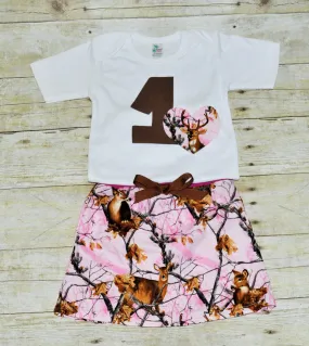 pink camo birthday skirt and matching shirt, pink camo cake smash, camo bodysuit, real tree cake smash, first birthday bodysuit, shirt