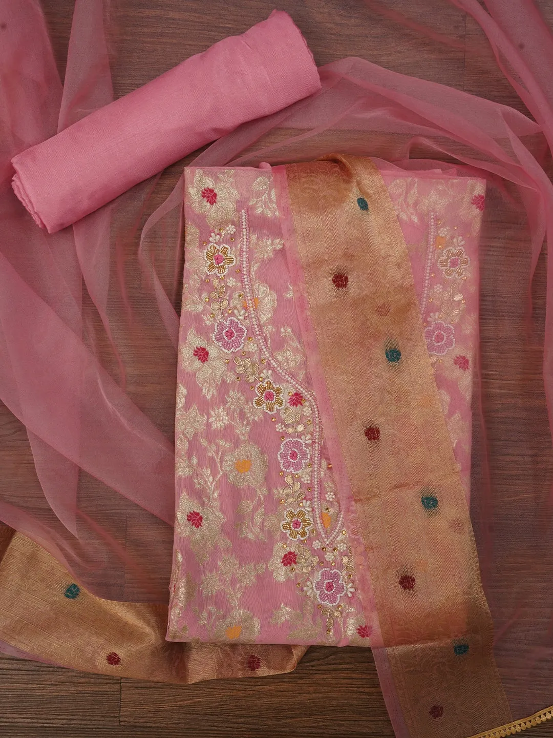 Pink Zari Brocade Cotton Dress Material with Dupatta