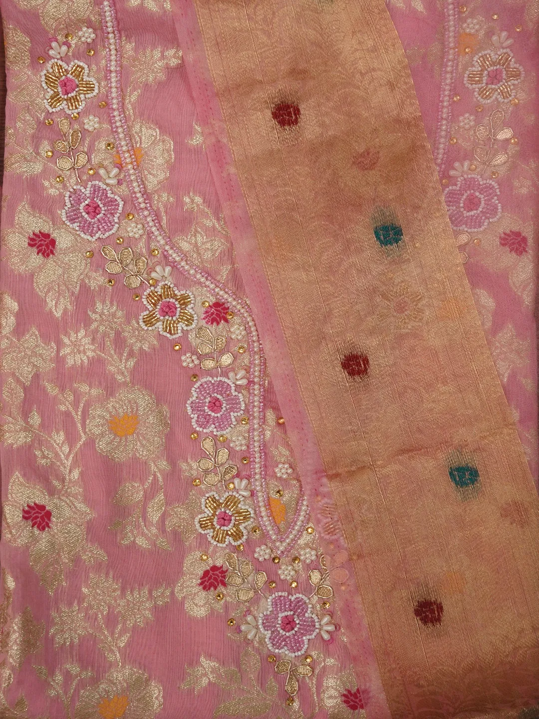 Pink Zari Brocade Cotton Dress Material with Dupatta