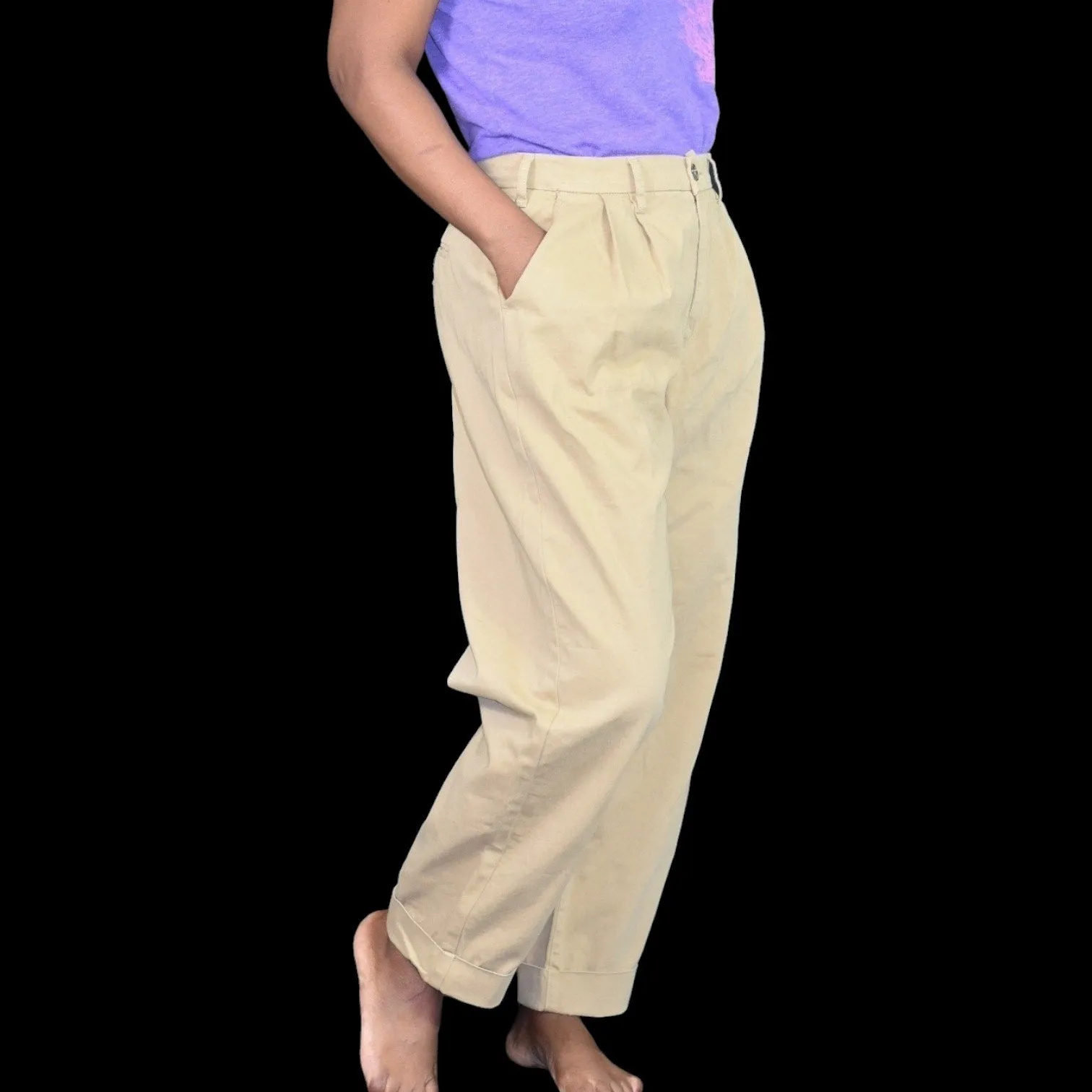 Pistola Kellin Pleated Trouser Tan Khaki Chino Pants Cropped Tapered Cuffed Size 29