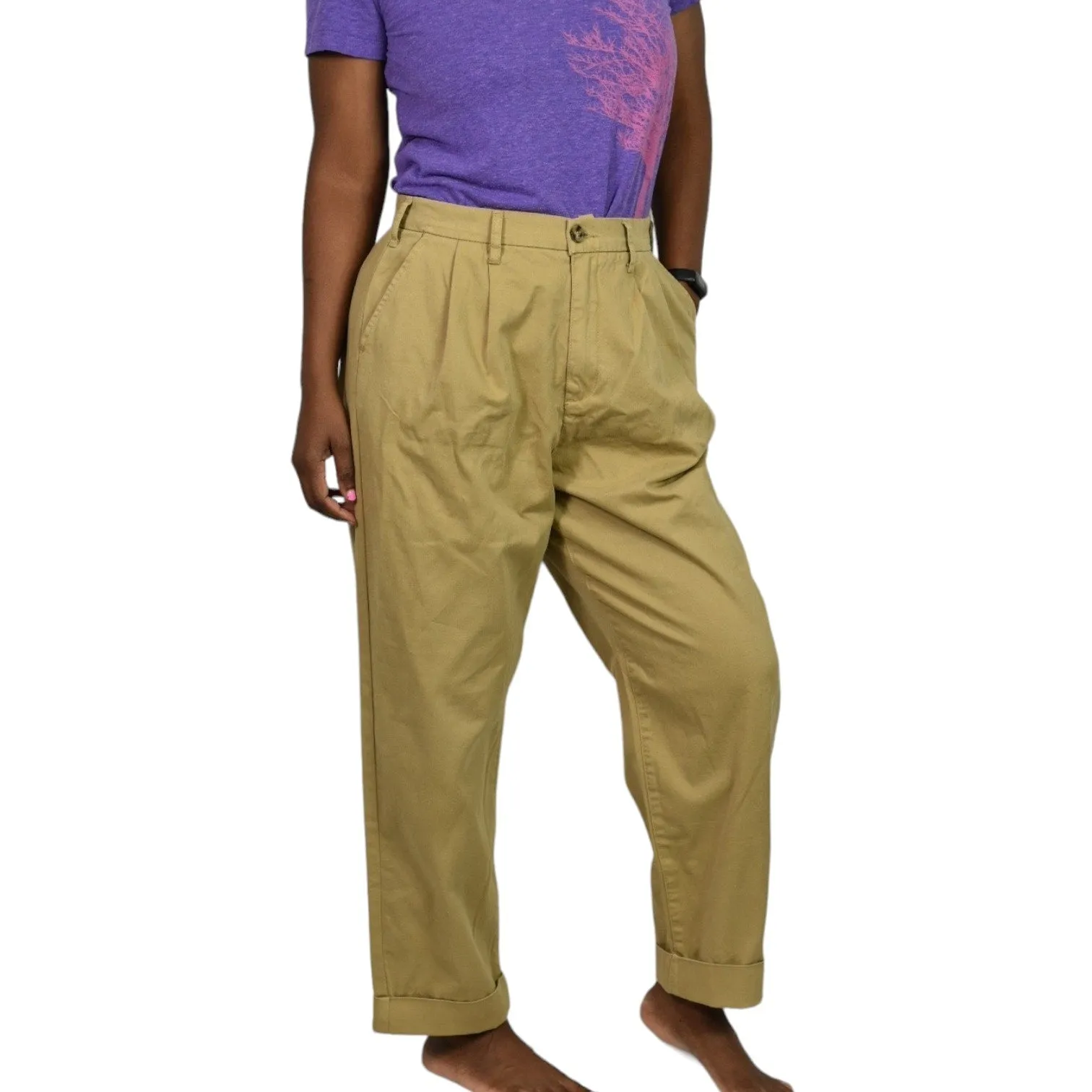 Pistola Kellin Pleated Trouser Tan Khaki Chino Pants Cropped Tapered Cuffed Size 29