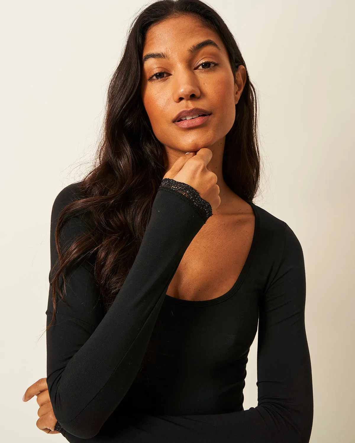 Plunge Long Sleeve Bodysuit - Black Sparkle Lace