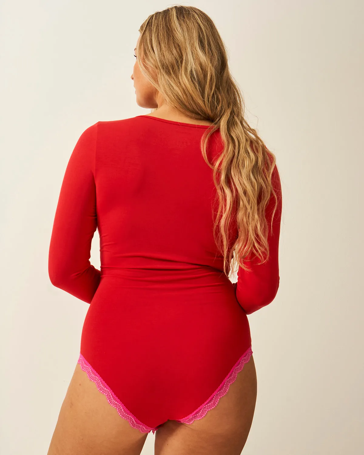 Plunge Long Sleeve Bodysuit - Scarlet & Raspberry Sparkle Lace