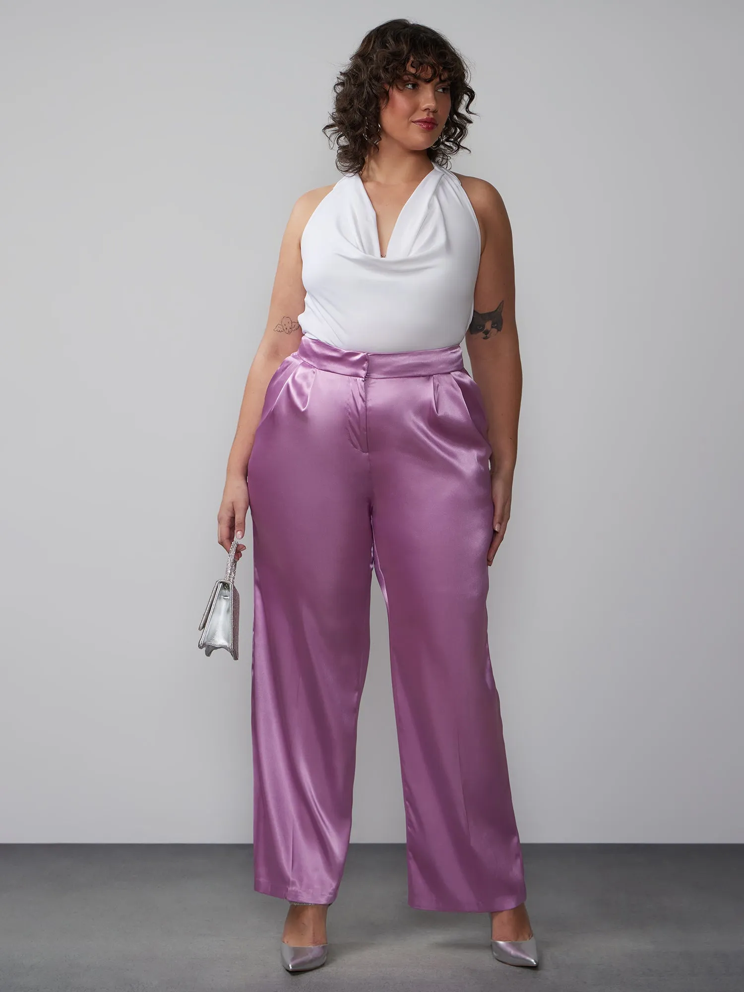 Plus High Rise Satin Straight Leg Pants