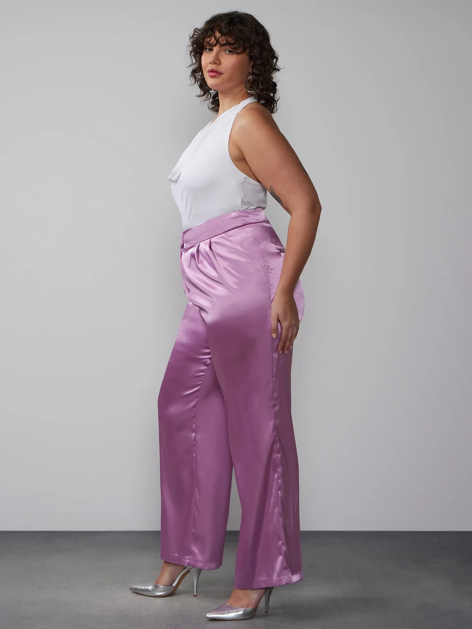 Plus High Rise Satin Straight Leg Pants