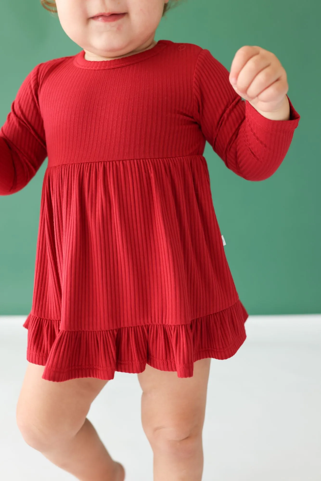 Posh Peanut Dark Red Solid Ribbed L/S Ruffled Bodysuit Dress