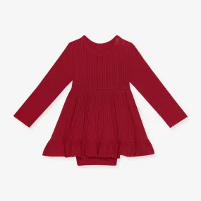 Posh Peanut Dark Red Solid Ribbed L/S Ruffled Bodysuit Dress