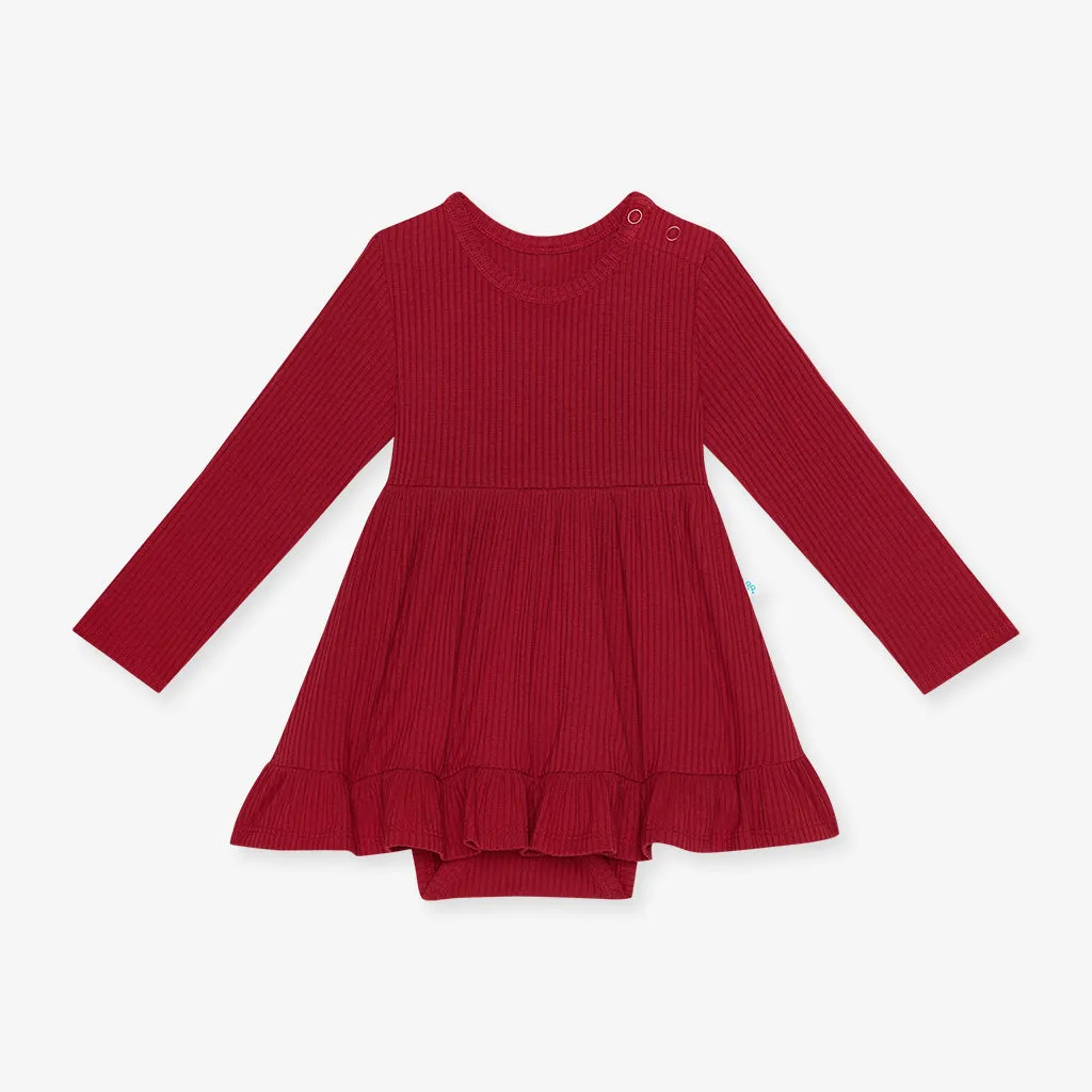 Posh Peanut Dark Red Solid Ribbed L/S Ruffled Bodysuit Dress