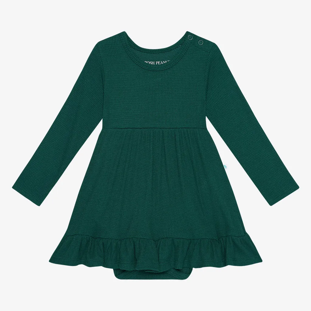 Posh Peanut Hunter Green Waffle L/S Ruffled Bodysuit Dress