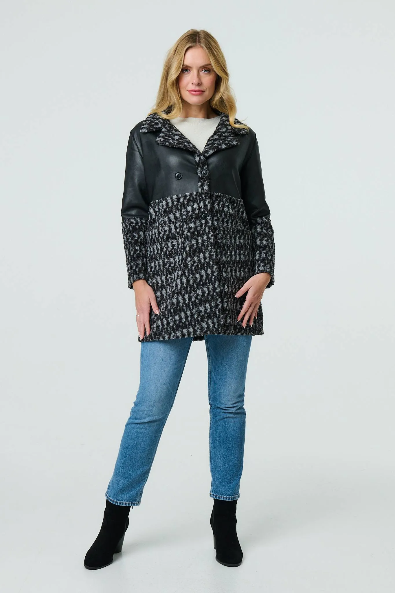 Printed Faux Leather Trim Teddy Jacket