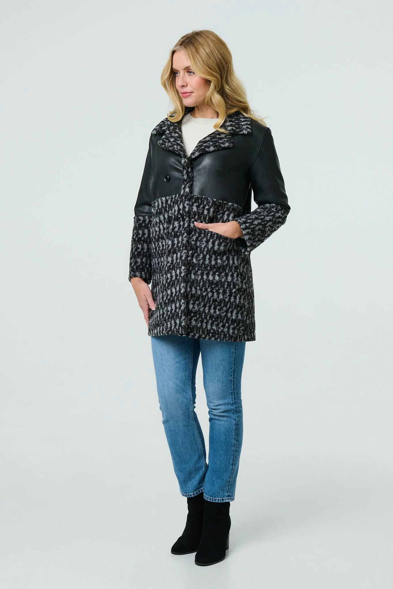 Printed Faux Leather Trim Teddy Jacket