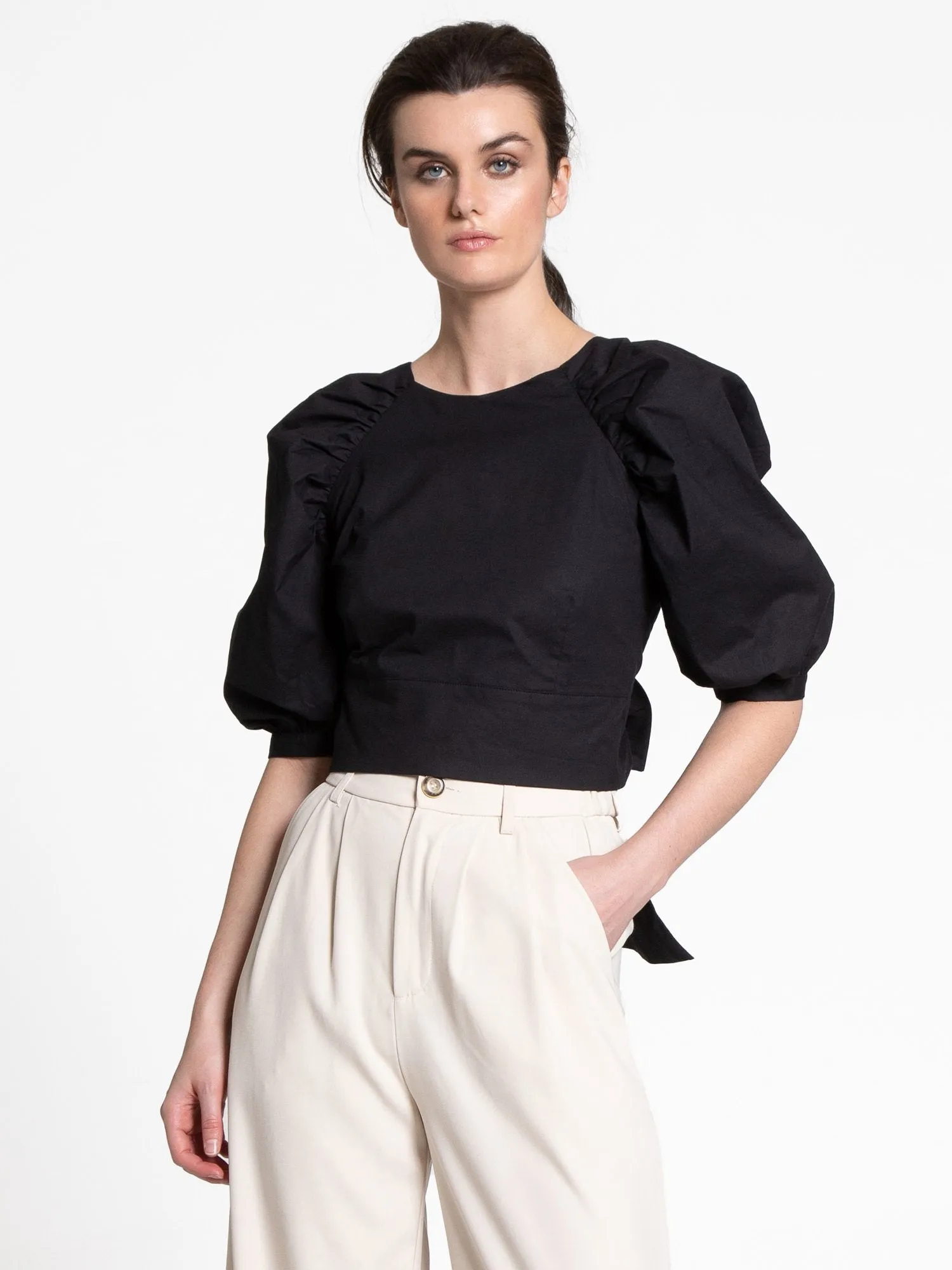 Puff-Sleeve Bow Tie Poplin Top - Do Be