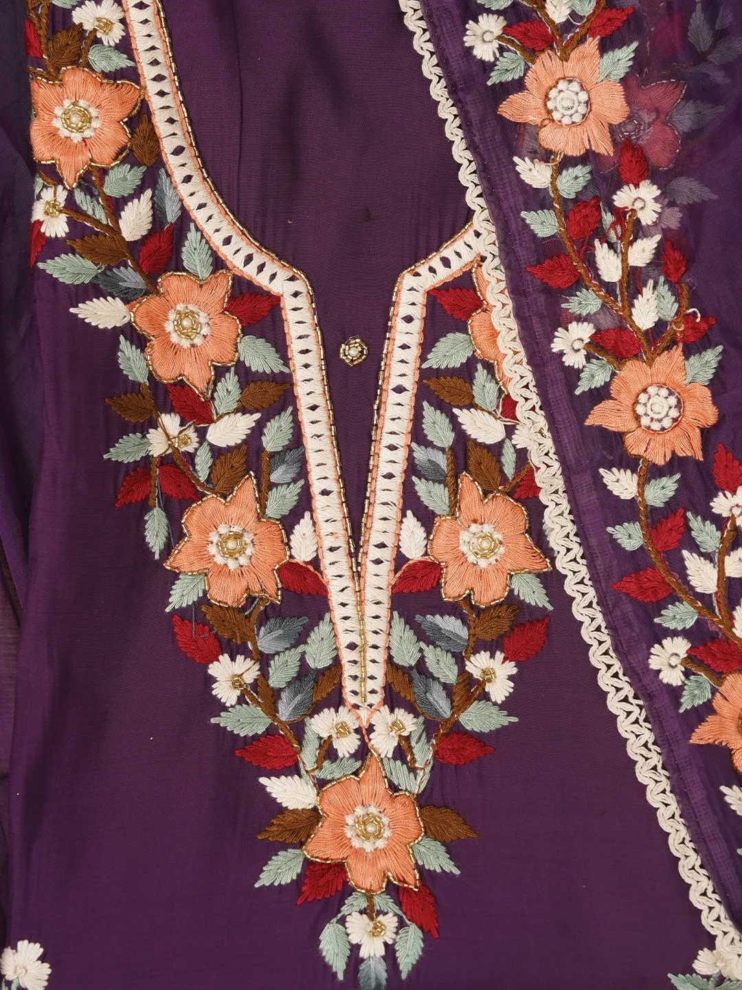 Purple Pure Silk Lucknowi Embroidered Dress Material with Dupatta