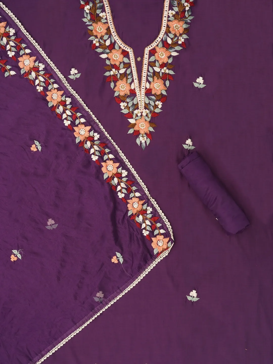 Purple Pure Silk Lucknowi Embroidered Dress Material with Dupatta