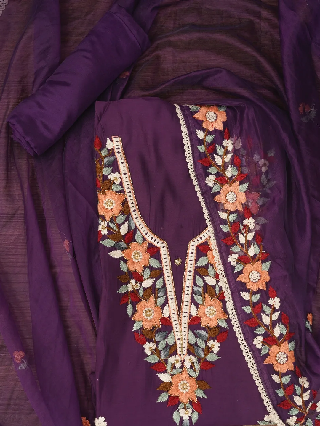 Purple Pure Silk Lucknowi Embroidered Dress Material with Dupatta