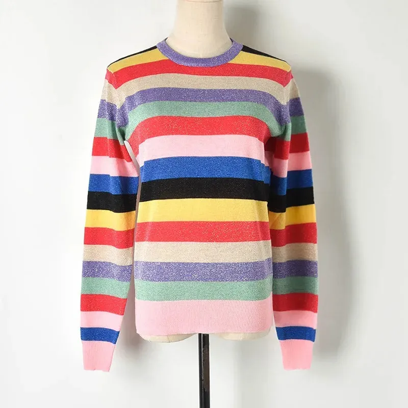 Rainbow Colorful Stripe Print Women Casual Sweaters Fashion O-neck Knitwear Loose Pullovers Lurex Jumper Pull  B-042