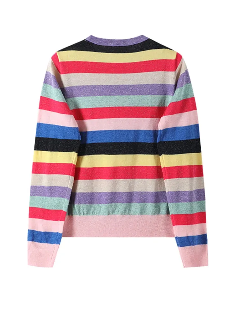 Rainbow Colorful Stripe Print Women Casual Sweaters Fashion O-neck Knitwear Loose Pullovers Lurex Jumper Pull  B-042