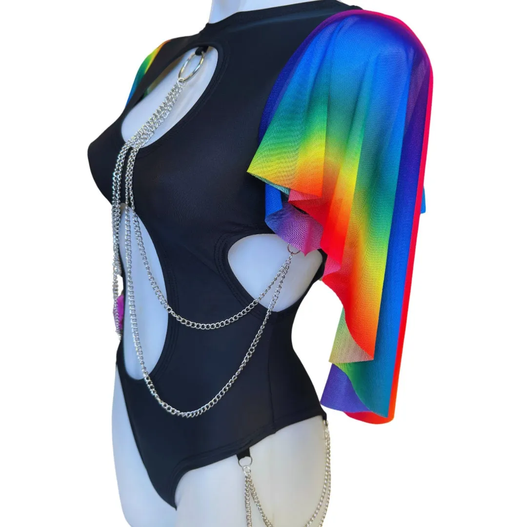 RAINBOW PRIDE | Aria Cut-Out Butterfly mesh Sleeve Bodysuit  and Chain Detail