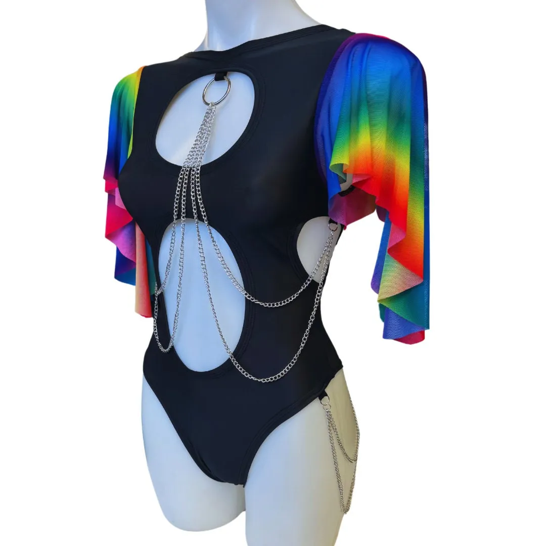 RAINBOW PRIDE | Aria Cut-Out Butterfly mesh Sleeve Bodysuit  and Chain Detail