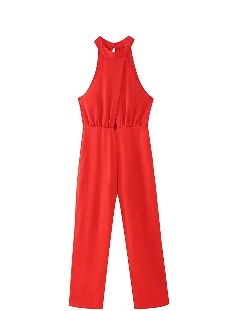 Red High Waist Hanging Neck Sleeveless Jumpsuit