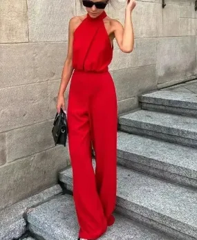 Red High Waist Hanging Neck Sleeveless Jumpsuit