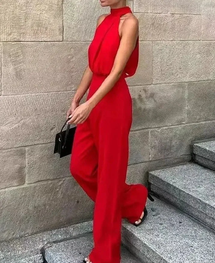 Red High Waist Hanging Neck Sleeveless Jumpsuit