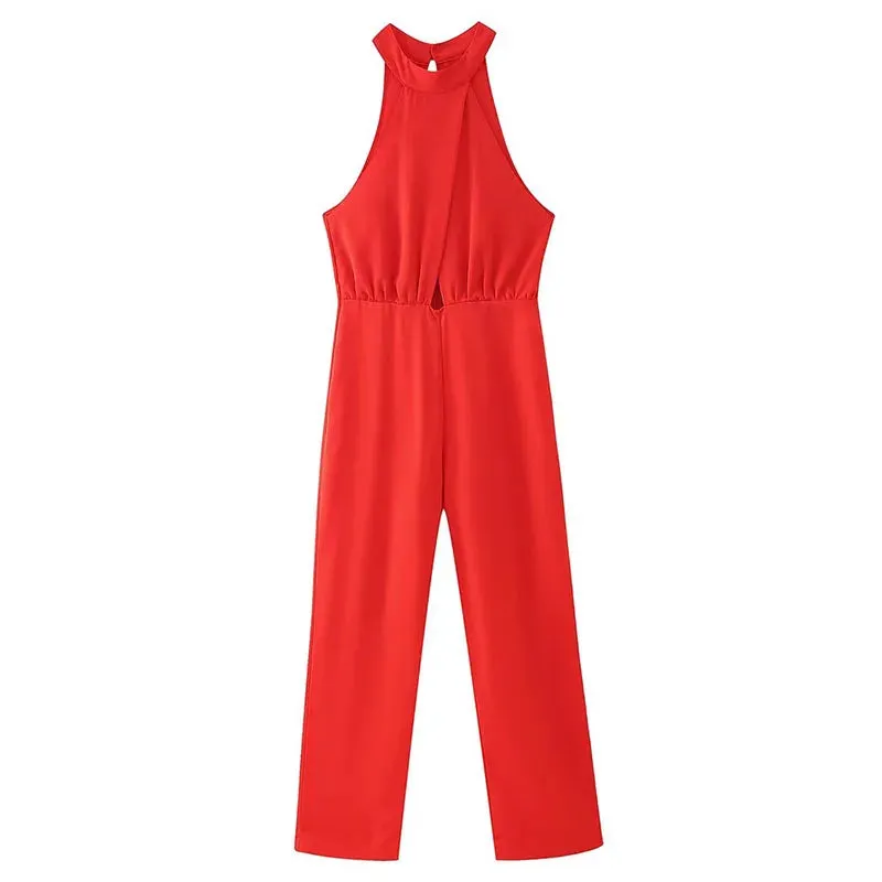 Red High Waist Hanging Neck Sleeveless Jumpsuit