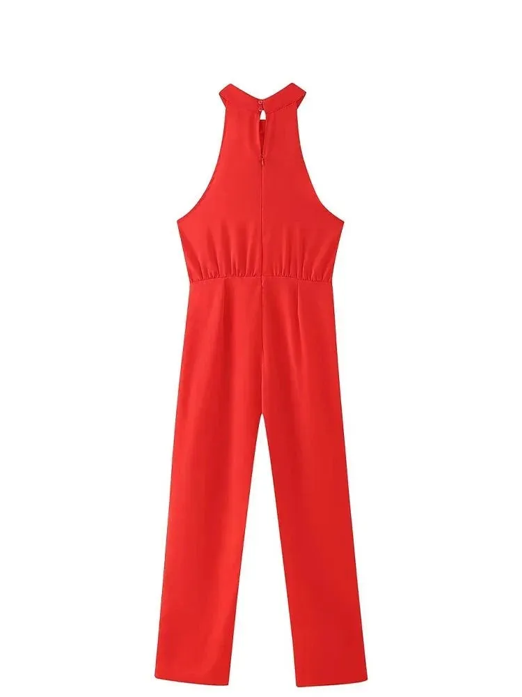 Red High Waist Hanging Neck Sleeveless Jumpsuit