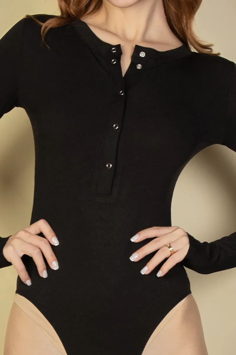 Ribbed Snap Button Long Sleeve Bodysuit (CAPELLA)