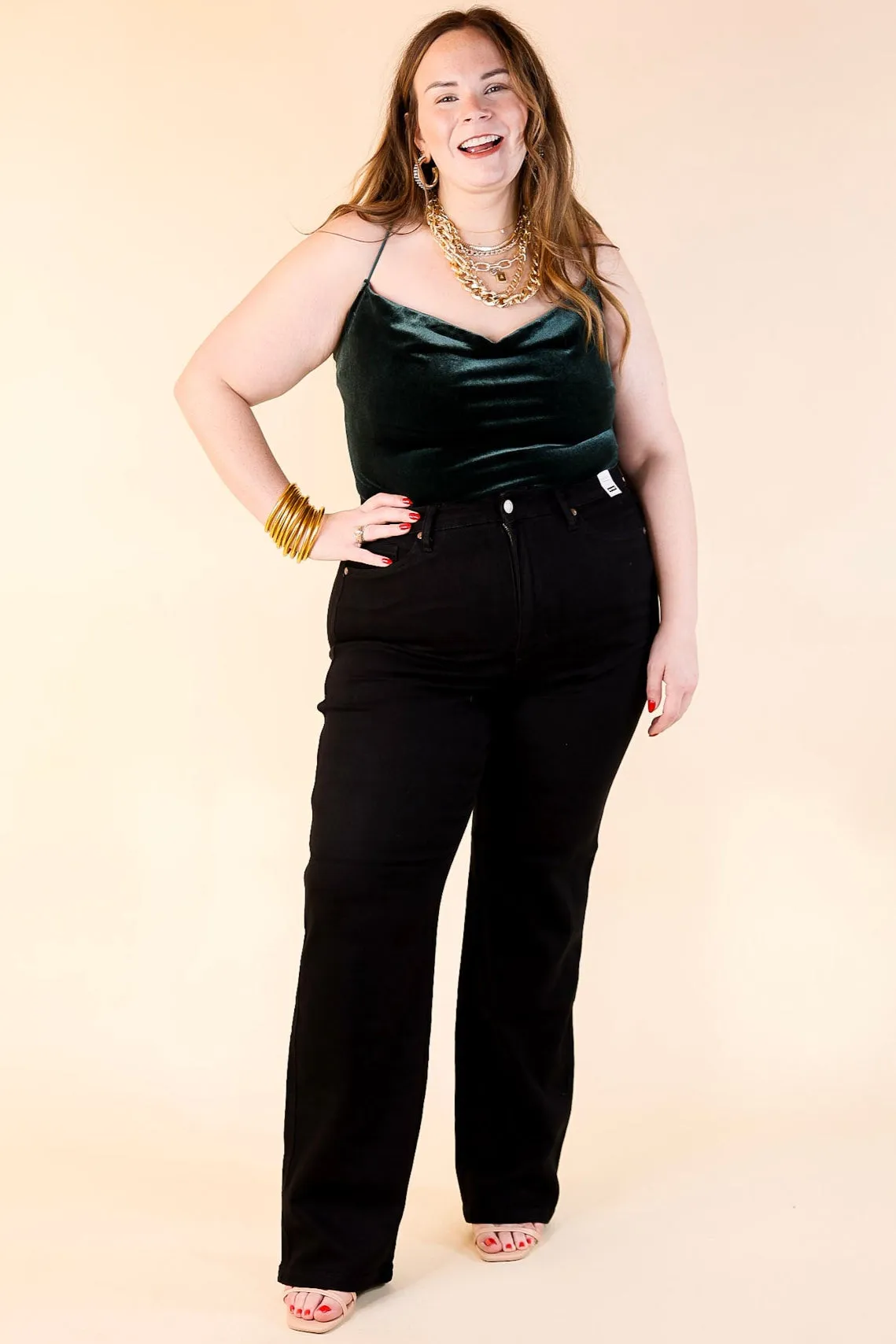 Rock Show Velvet Cowl Neck Bodysuit with Spaghetti Straps in Dark Green