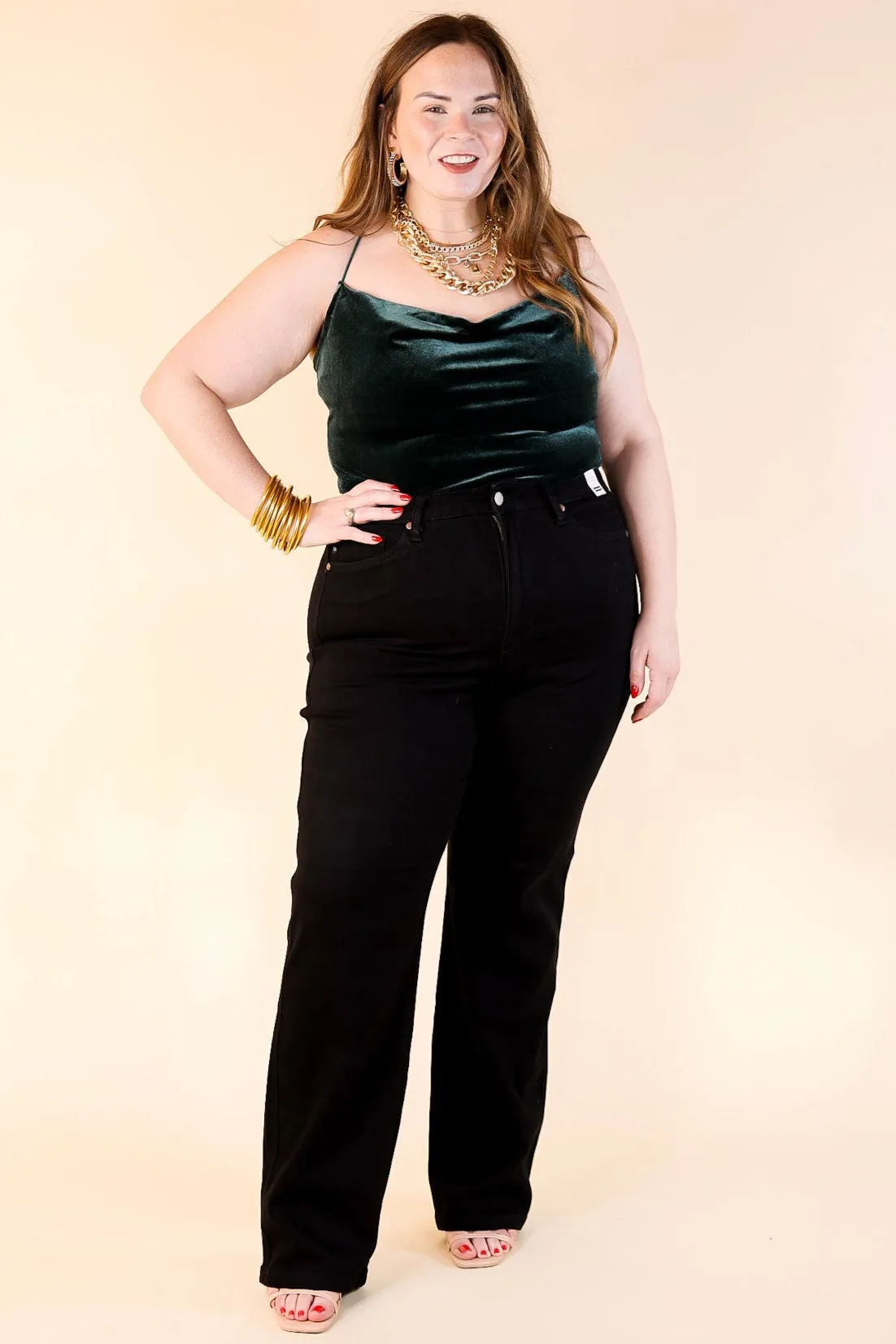 Rock Show Velvet Cowl Neck Bodysuit with Spaghetti Straps in Dark Green