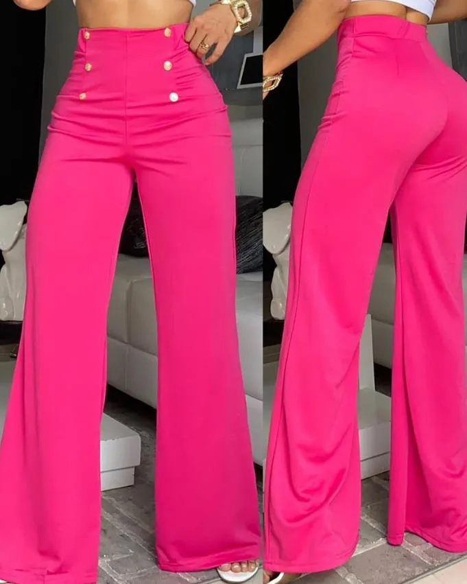 Rose Red Breasted Decorative Wide Leg Pants