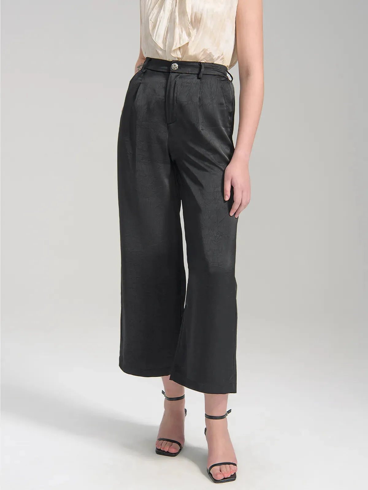 Satin High Waist Printing Wide-Leg Pants