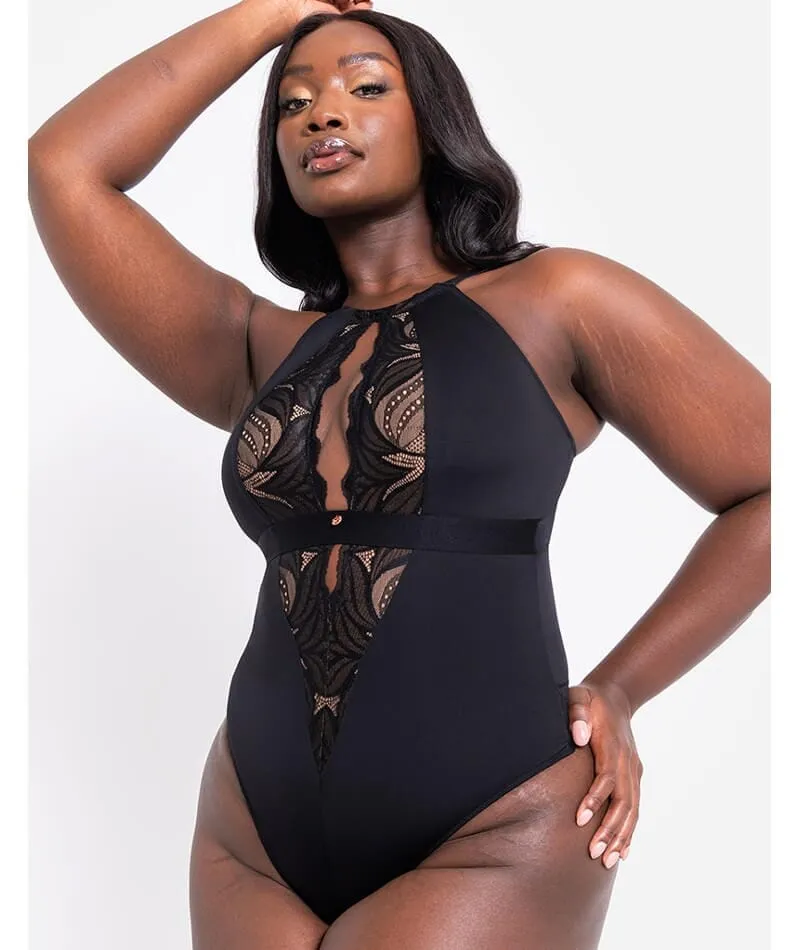 Scantilly Indulgence Stretch Lace Bodysuit - Black/Latte