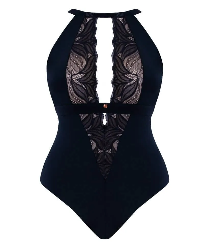 Scantilly Indulgence Stretch Lace Bodysuit - Black/Latte