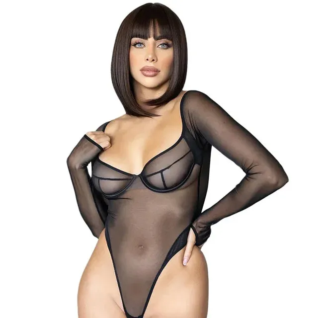 See Through Black Long Sleeve Mesh Bodysuit