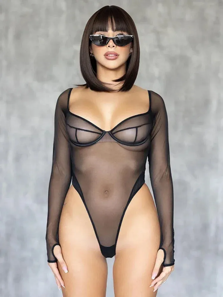 See Through Black Long Sleeve Mesh Bodysuit