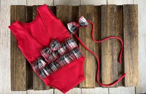 SET Christmas Bodysuit and HeadBow Plaid Red