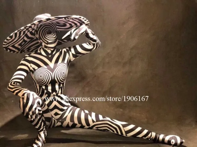 Sexy Lady Ballroom Dance Costumes DJ Stage Bodysuit Zebra Jumpsuit Party Outfits Clothes Printed Gogo Singer Performance Dress