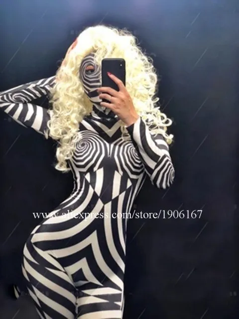 Sexy Lady Ballroom Dance Costumes DJ Stage Bodysuit Zebra Jumpsuit Party Outfits Clothes Printed Gogo Singer Performance Dress