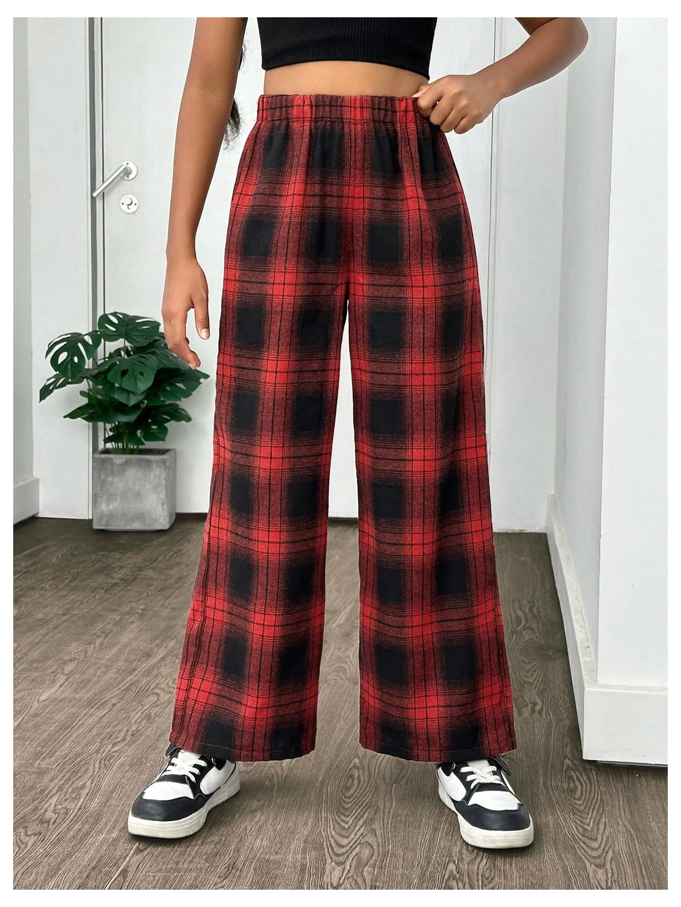 SHENHE Girl's Plaid Pants Elastic Waist Loose Pants Buffalo Plaid Straight Leg Pants Red and Black 12Y