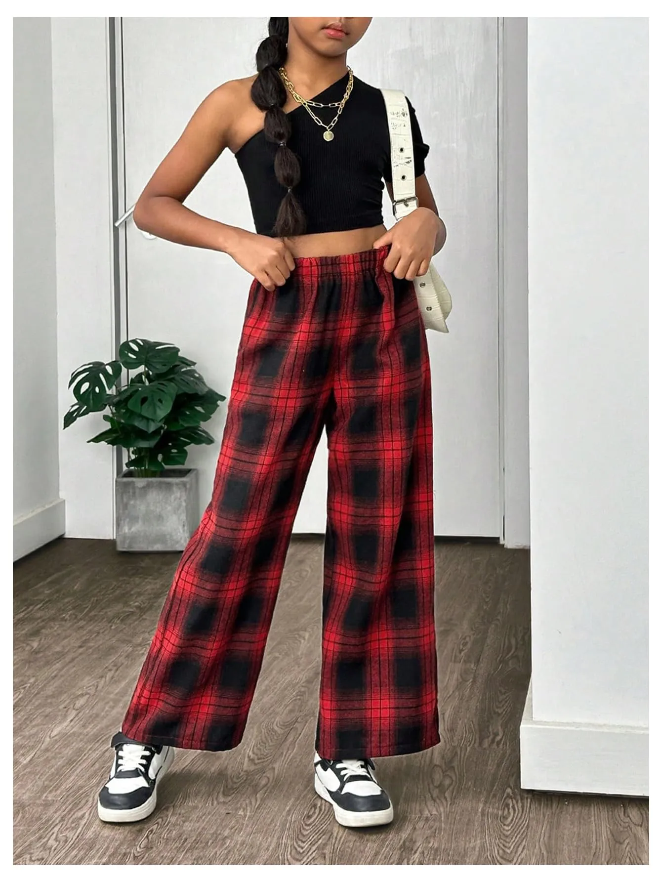 SHENHE Girl's Plaid Pants Elastic Waist Loose Pants Buffalo Plaid Straight Leg Pants Red and Black 12Y