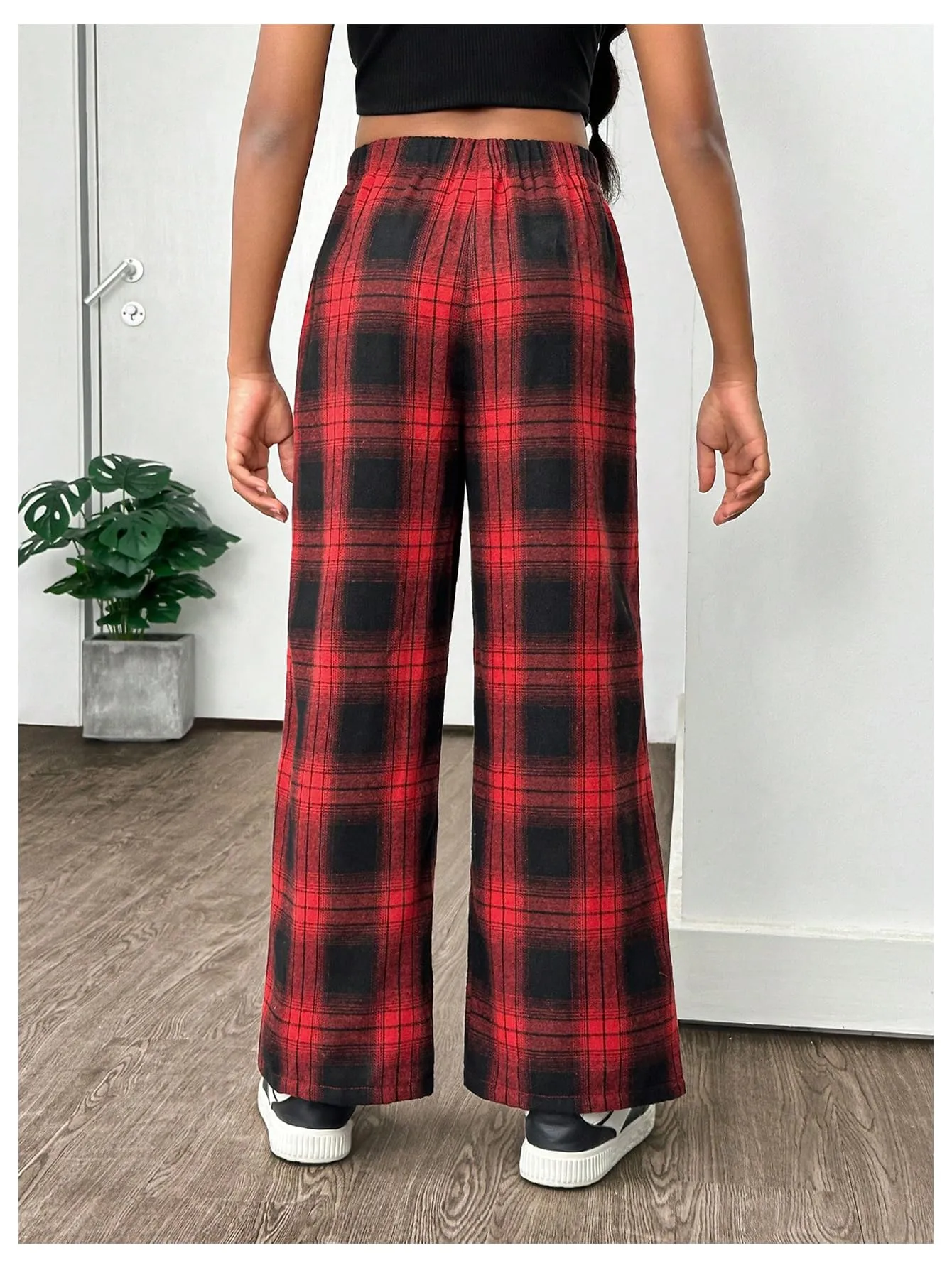 SHENHE Girl's Plaid Pants Elastic Waist Loose Pants Buffalo Plaid Straight Leg Pants Red and Black 12Y