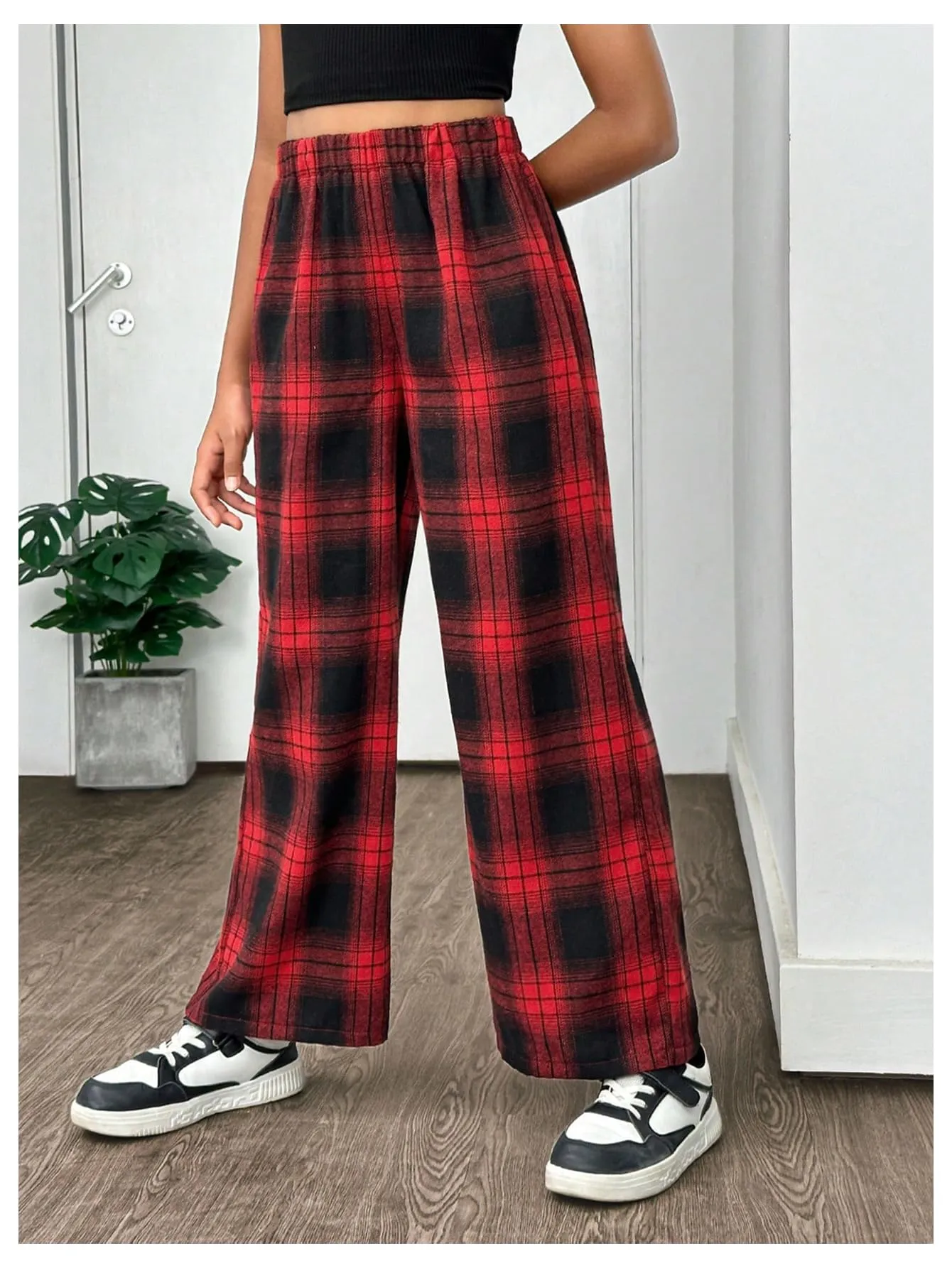 SHENHE Girl's Plaid Pants Elastic Waist Loose Pants Buffalo Plaid Straight Leg Pants Red and Black 12Y