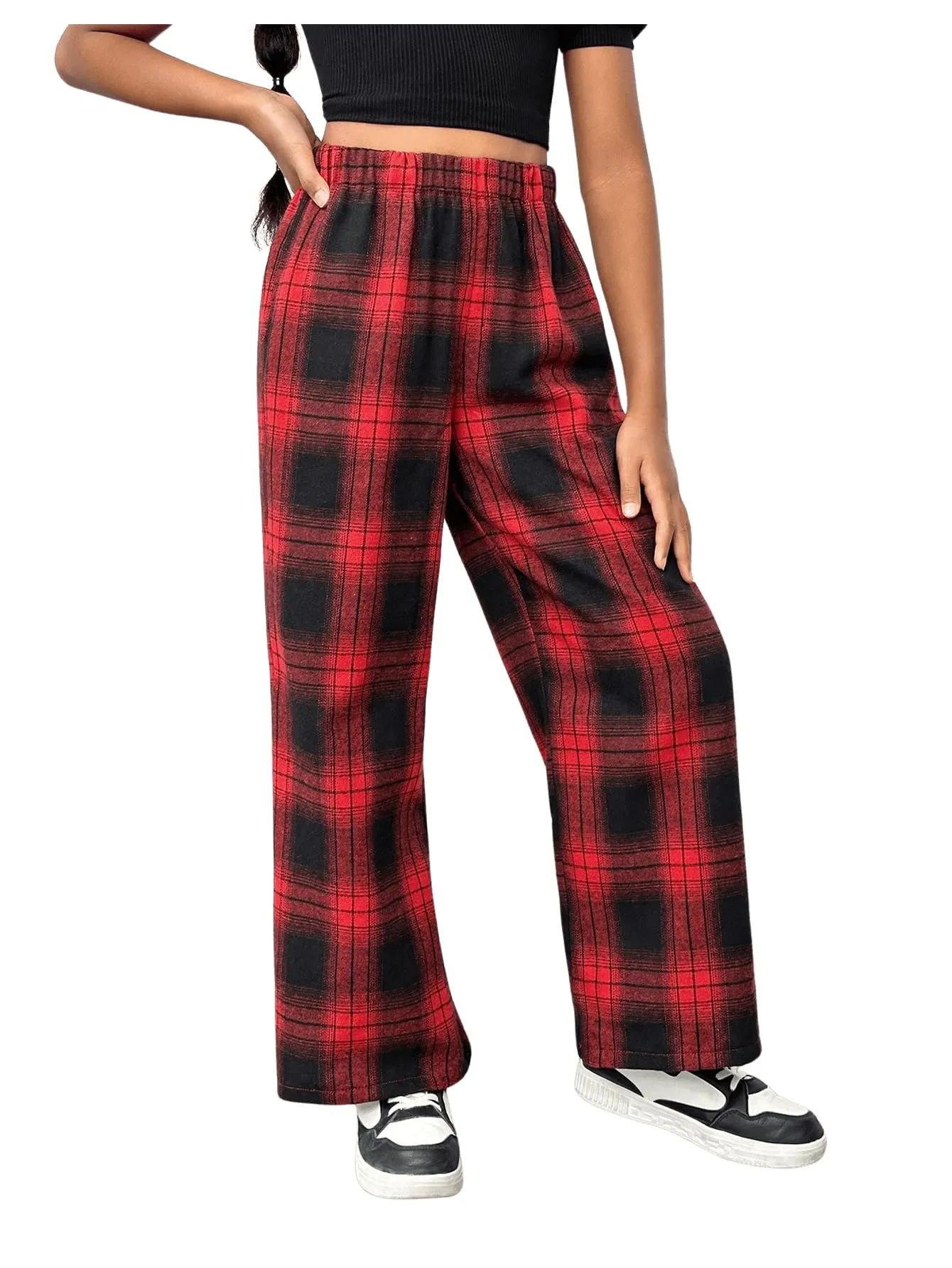 SHENHE Girl's Plaid Pants Elastic Waist Loose Pants Buffalo Plaid Straight Leg Pants Red and Black 12Y