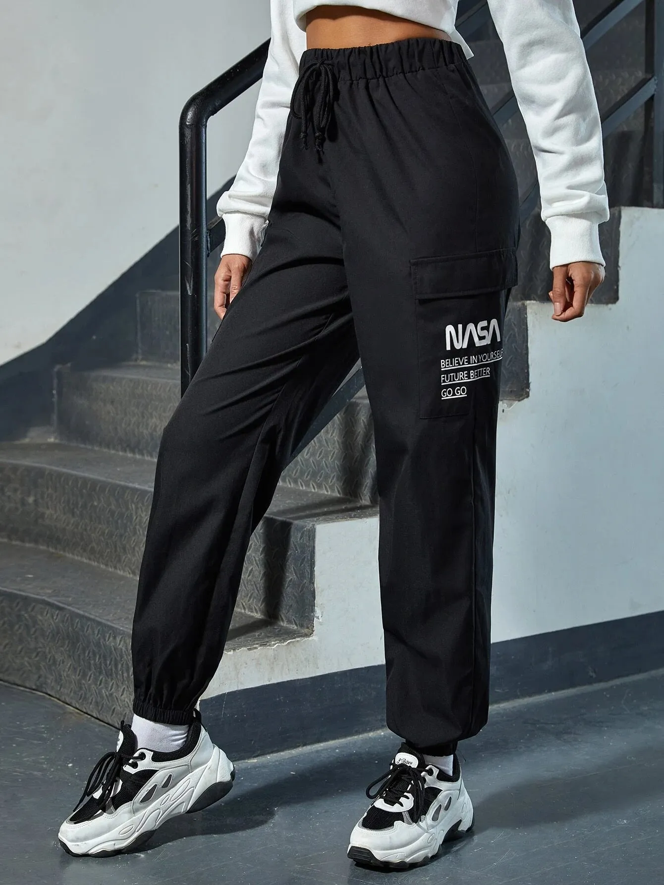 Slogan Graphic Flap Pocket Pants