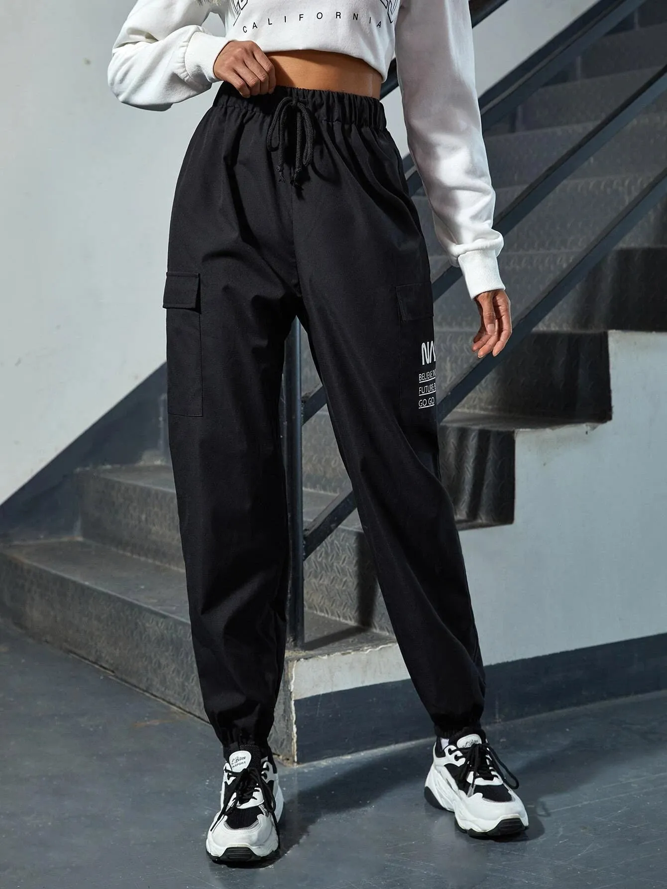 Slogan Graphic Flap Pocket Pants