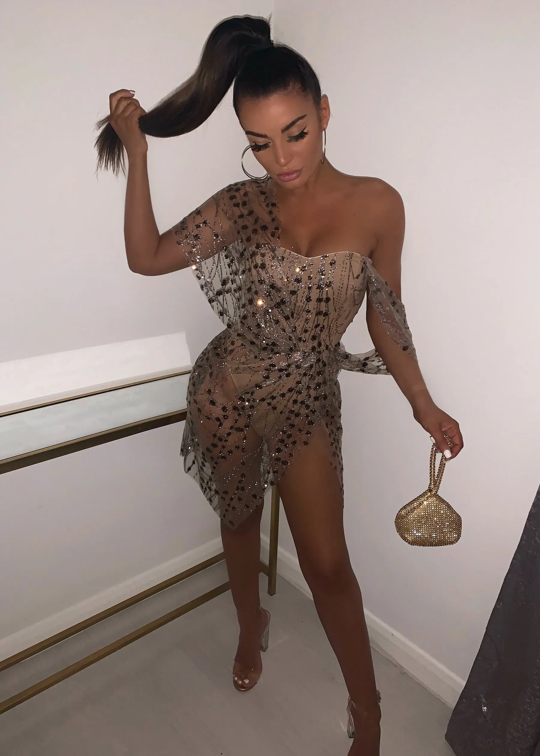 Sparkle Delight Glitter Mesh Dress - Bronze